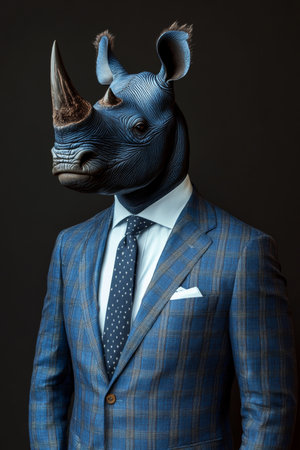 Rhino in a Blue Suit Anthropomorphic Portrait of Power and Distinction Against a Dark Backgroundの素材