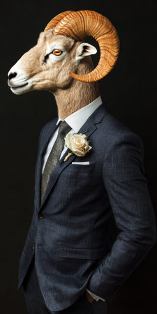 Stylish Ram in Suit Anthropomorphic Portrait Blending Animal and Human on a Dark Background.の素材
