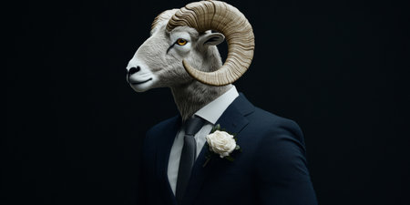 Ram in Suit with a White Rose, Embodying the Surreal Blend of Nature and Human Societyの素材