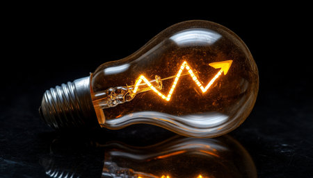 Incandescent Light Bulb with Upward Arrow Glowing Filament, Concept for Rising Electricity Costsの素材