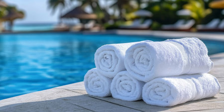 Fresh White Towels By The Pool With Sparkling Blue Water And Tropical View, Vacation Conceptの素材