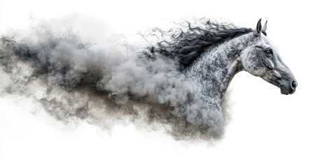 Galloping Gray Horse with Flowing mane, Swirling Particles Fantasy Portrait, Elegance Powerの素材