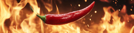 Cayenne Pepper Ablaze Red Chili Suspended Mid-Air in Fiery Inferno, Studio Lighting, High Detailの素材