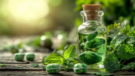 Peppermint Essential Oil, Fresh Mint Leaves and Peppermint Candies on Natural Wooden Surfaceの素材