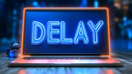 Neon DELAY Sign Glows on Laptop Screen in Dark Cityscape Setting, Concept of Postponementの素材