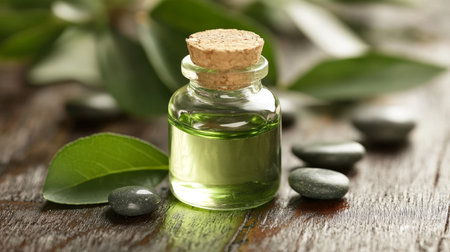 Green Tea Tree Essential Oil in Glass Bottle With Leaves and Black Stones on Rustic Wood.,の素材