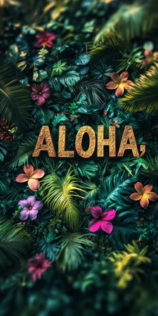 Aloha Floral Arrangement, Tropical Flowers and Lush Green Leaves in a Vibrant Display.の素材