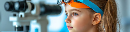 Young Girl Undergoing Slit-Lamp Eye Exam, Focusing on Eye Health and Medical Checkup Concept.の素材