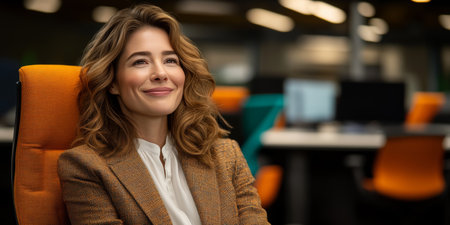 Cheerful businesswoman in office environment at the start of a successful working day full of newの素材