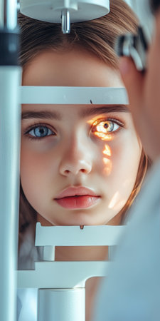 Young Girl Having Her Eyesight Checked by Optometrist, Vision Care and Health Conceptの素材