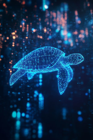 Abstract Holographic Sea Turtle Swimming in Digital Space, Representing Technology and Innovationの素材