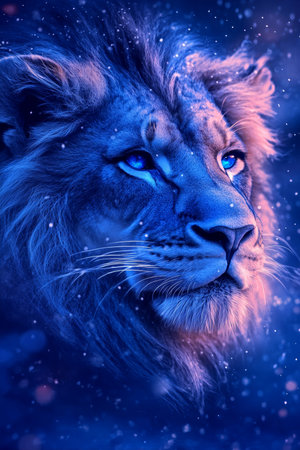 Majestic Blue Lion Portrait Abstract Digital Art with, Serene Expression, Winter Atmosphereの素材