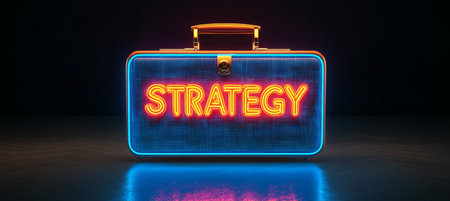 Vintage Suitcase with Glowing Neon Strategy Sign, Business Planning and Success Conceptの素材