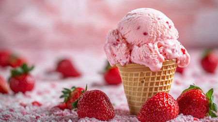 Pink Delight Strawberry Ice Cream in Waffle Cone With Fresh Strawberries on Rosy Backgroundの素材