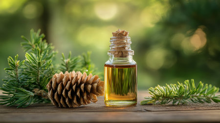 Pine Turpentine Essential Oil in Glass Bottle with Pine Cone Coniferous Leaves on Boho Wood, 50mlの素材