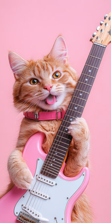 Rock n Roll Feline Adorable Ginger Cat Strumming a Pink Electric Guitar on Pink Backgroundの素材