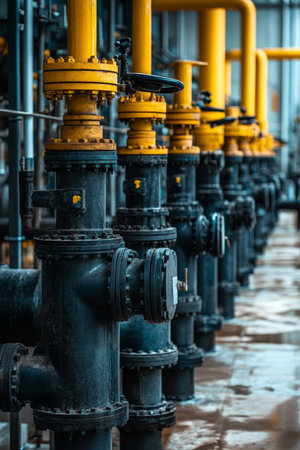 Industrial Pipeline System A Complex Network of Pipes, Valves, and Gauges in an Industrial Setting.の素材