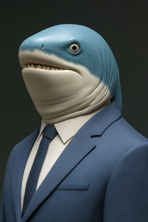 Anthropomorphic Shark in Suit, Profile on Dark Background Animal Human Hybrid Conceptの素材