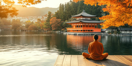 Finding Zen Tranquil Monk Meditates in a Vibrant Autumnal Japanese Garden by a Serene Lakeの素材