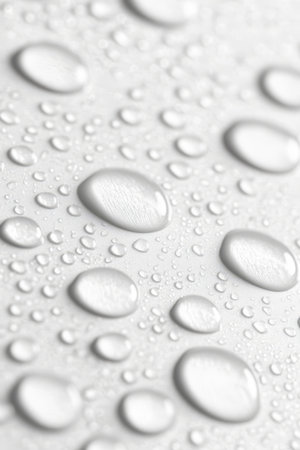Water Drops, Hydrophobic Surface, Abstract Background. Close Up Water Drops On White Metal Surfaceの素材