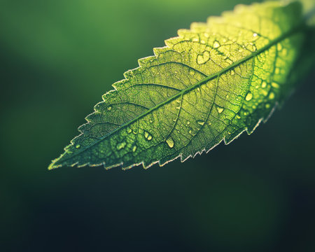Sunlight Through The Veins Close-Up, Vibrant Green Leaf With Water Droplets, Lush Nature Backgroundの素材