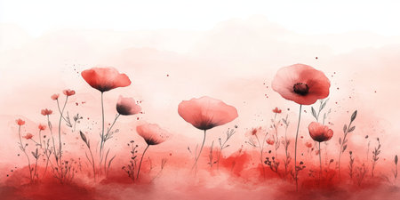 Watercolor Wildflowers, Herbs, and Grasses on Pale Red Background, Gentle, Soft Textureの素材