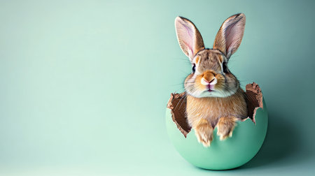 Adorable Easter Bunny Sitting in Eggshell, Pastel Green Background, Spring Holiday Themeの素材