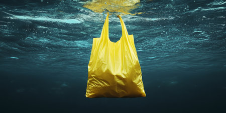 Yellow Plastic Shopping Bag Submerged In The Ocean, Representing Environmental Pollution.の素材