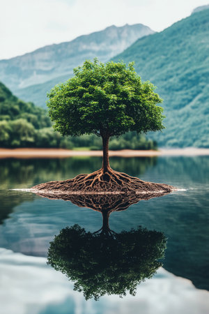 Solitary Tree with Exposed Roots on a Tranquil Lake, Reflecting in Water, Harmony Conceptの素材