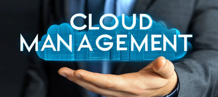IT Professional Manages Cloud Storage Solutions with Glowing Icon, Business Technology Conceptの素材