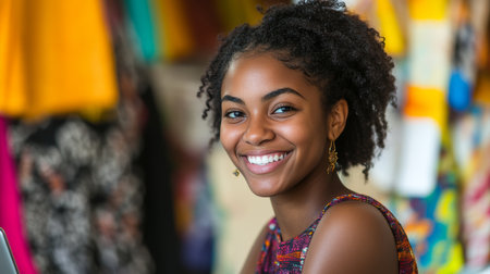 Young Fashion Designer Smiling, Authentic Studio Portrait of a Creative Black Woman Entrepreneurの素材