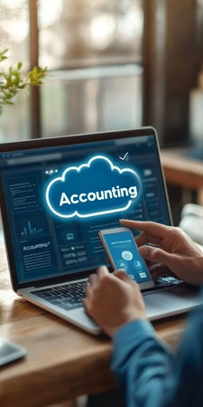 Businessman Accessing Cloud-Based Accounting Software via Mobile Device, Accounting Text Displayedの素材
