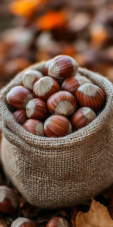 Burlap Sack Overflowing with Fresh Hazelnuts, Autumn Harvest Bounty on Rustic Backgroundの素材