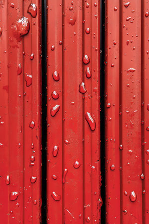 Close-up of water droplets beaded on a vibrant red, vertically grooved, metallic surface.の素材