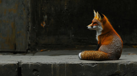 Serene Red Fox Sitting in Profile Against a Dark Background, Wildlife Portrait, Animal Themesの素材