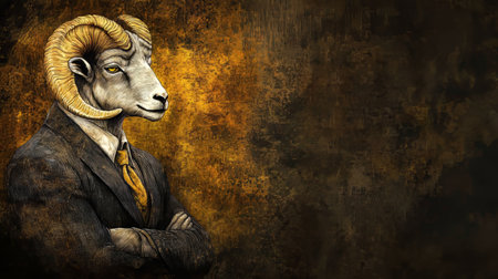 Ram in a Suit Anthropomorphic Portrait Against a Dark Background, Blending Animal and Humanの素材