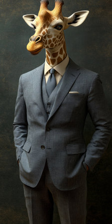 Stylish Giraffe in Suit. Anthropomorphic Portrait on Dark Background for Creative Conceptsの素材