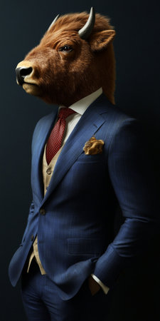 Imposing Bison in Formalwear A Captivating Animal, Human Hybrid on a Dark Studio Backgroundの素材