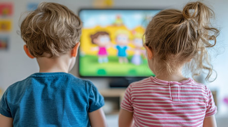 Two young children, backs to camera, watching animated show on TV, streaming entertainment conceptの素材
