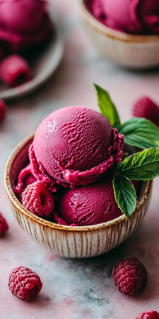 Bowl of Refreshing Homemade Raspberry Sorbet with Fresh Raspberries and Mint, Styled on Pinkの素材