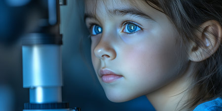 Child s Eye Exam Girl Undergoing Slit Lamp Examination by Eye Doctor, Detailed Viewの素材