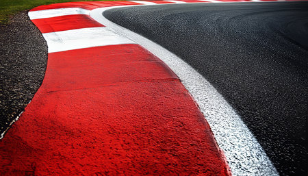 Red And White Kerbs On A Racing Circuit, Asphalt Motorsport Track Background, Speed And Competitionの素材