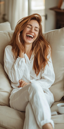 Authentic Laughter Young Woman Enjoying Remote Work, Natural Light and Cozy Home Office Vibeの素材