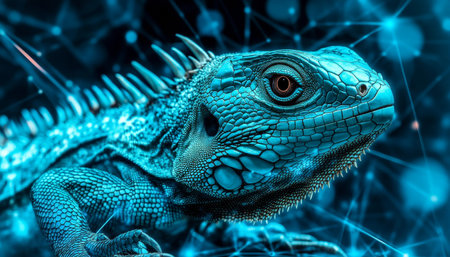 Blue Holographic Lizard, Digital Space Representing Futuristic Technology and Innovation.の素材