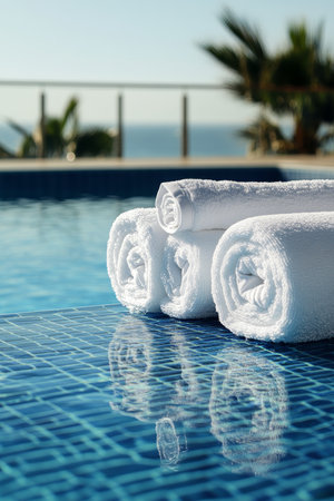 White fluffy towels stacked poolside, overlooking ocean views, travel, relaxation, holiday conceptの素材