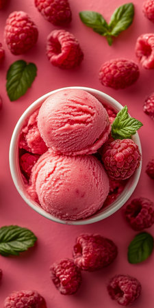 Refreshing Pink Raspberry Ice Cream Scoops Topped with Fresh Raspberries and Mint Sprigの素材