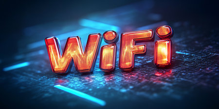 Glowing Wi-Fi Text Representing Wireless Network Connectivity on a Futuristic Circuit Boardの素材