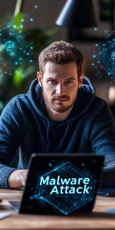 Cybersecurity Alert Serious Man Confronts Laptop Screen Displaying Malware Attack Warningの素材