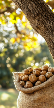 Overflowing Burlap Sack of Freshly Harvested Walnuts Beneath a Walnut Tree in an Autumnal Orchardの素材