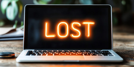 Laptop Computer With Lost Message Showing Screen Security Data Connection Problem Conceptの素材